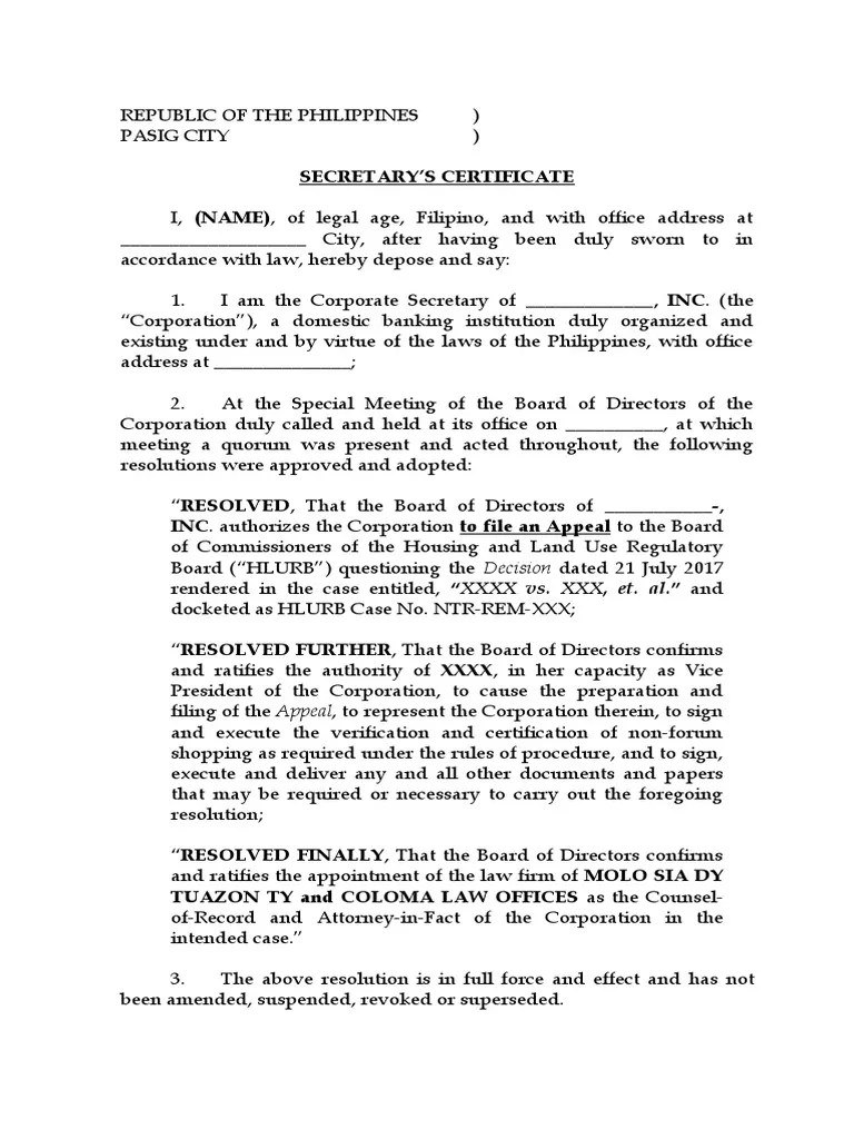 Secretary's Certificate Filing of Case PDF Board Of Directors