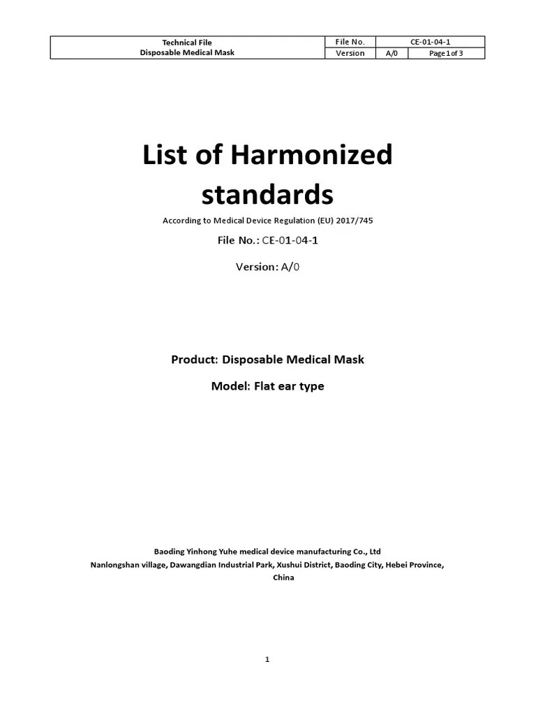 List of Harmonized Standards File No. CE01041 Version A/0