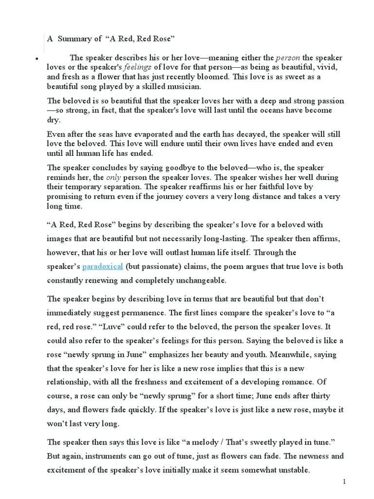 "A Red, Red Rose" Summary PDF Romance (Love) Poetry