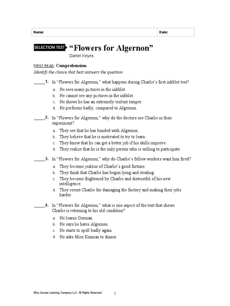 "Flowers For Algernon" Identify The Choice That Best Answers The