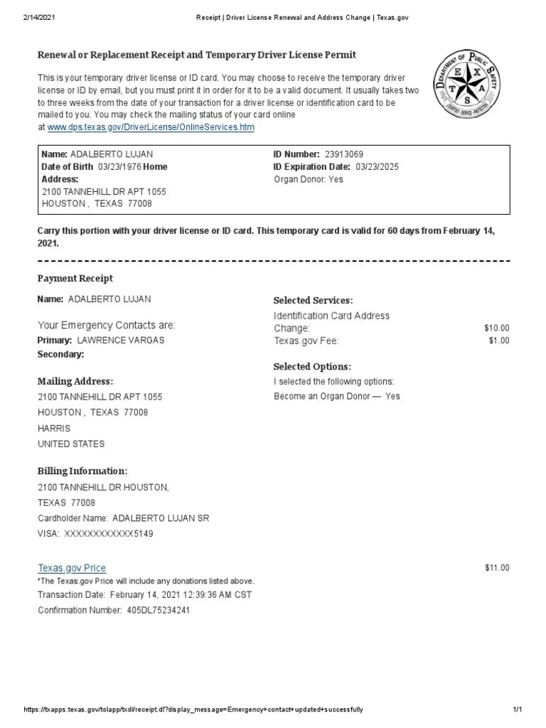 Receipt Driver License Renewal and Address Change Texas Gov PDF