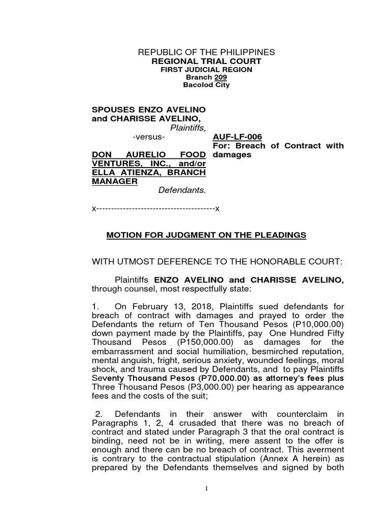 MotionForJudgmentOnThePleadings (Final) PDF Breach Of Contract