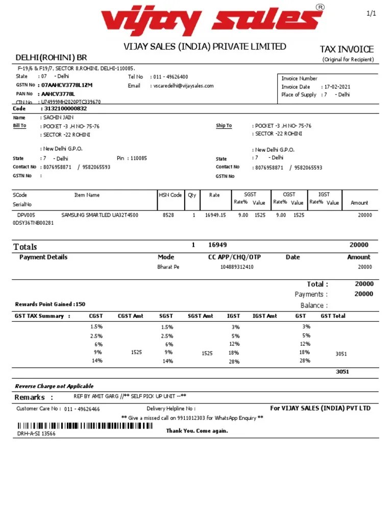 Tax Invoice Vijay Sales (India) Private Limited Delhi (Rohini) BR