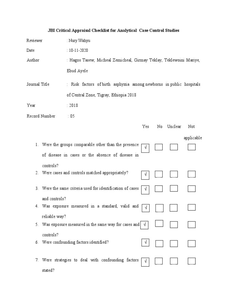 JBI Critical Appraisal Checklist For Analytical Case Control Studies