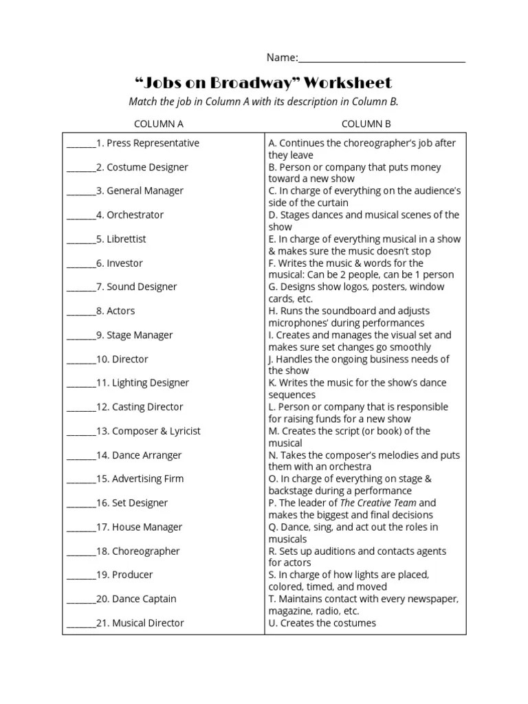 "Jobs On Broadway" Worksheet Match The Job in Column A With Its Description in Column B PDF