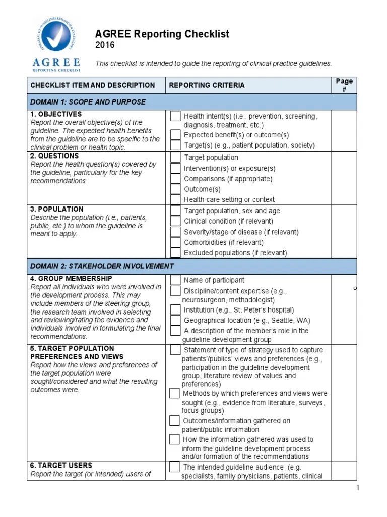 AGREE Reporting Guideline Checklist PDF