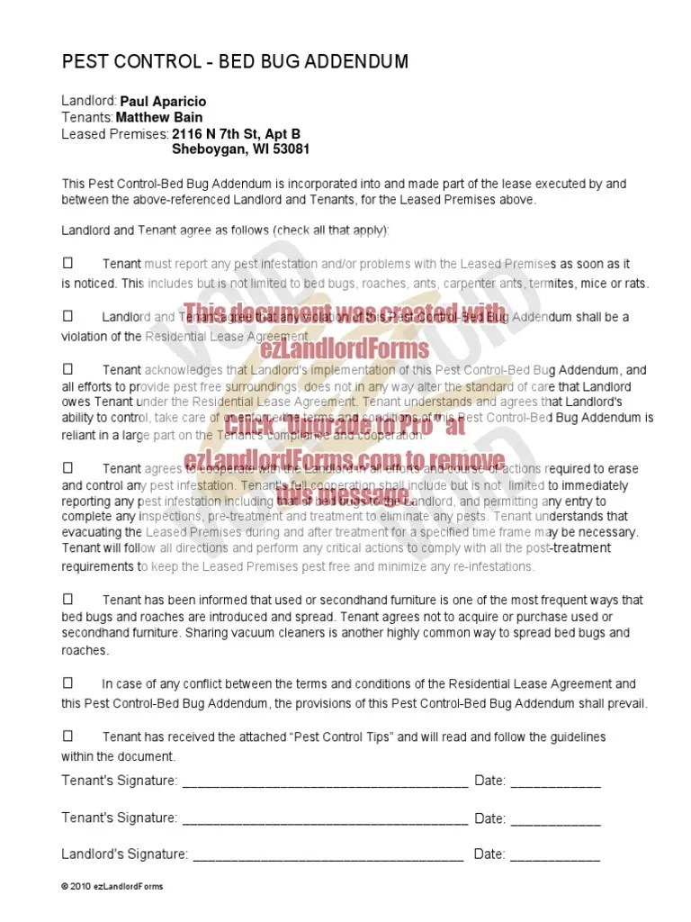 Free Bed Bug Lease Addendum Form PDF Word