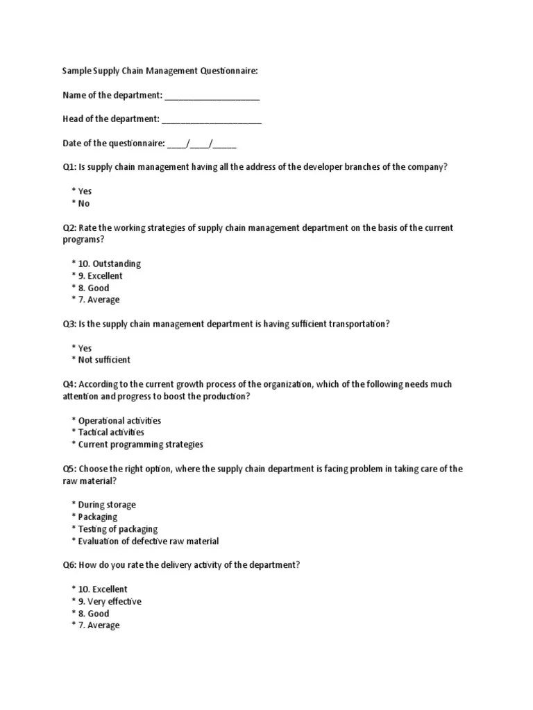 Sample Supply Chain Management Questionnaire PDF