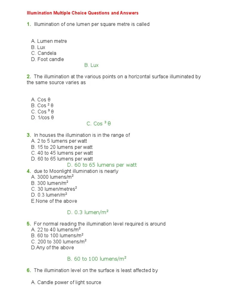 Llumination Multiple Choice Questions and Answers PDF Incandescent