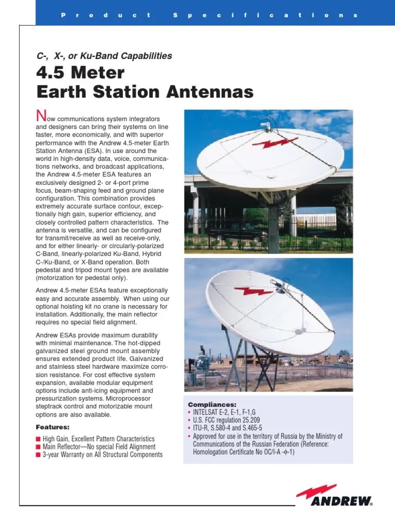 Datasheet Andrew Antenna 4.5m C Ku Band | PDF | Antenna (Radio