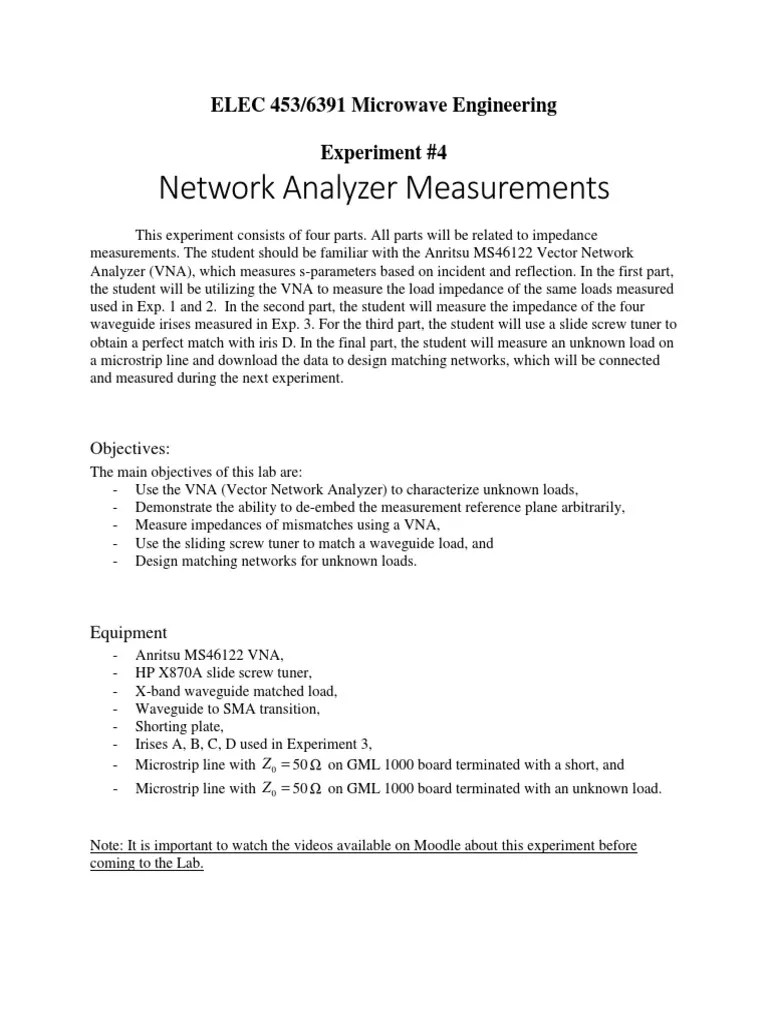 Network Analyzer Measurements ELEC 453/6391 Microwave Engineering