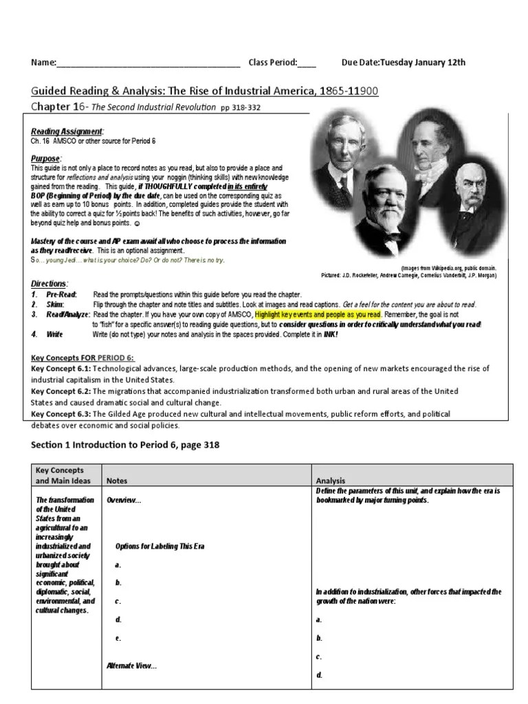 Guided Reading & Analysis: The Rise of Industrial America, 1865-11900