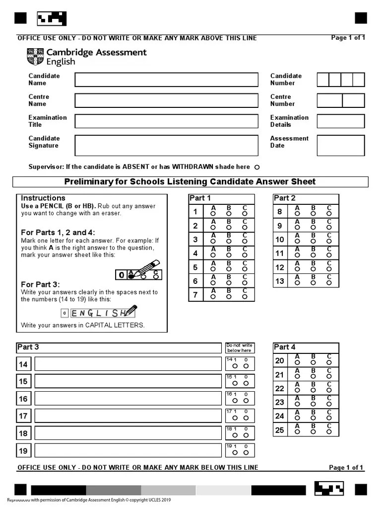 B1 Preliminary For Schools Answer Sheet Listening PDF University