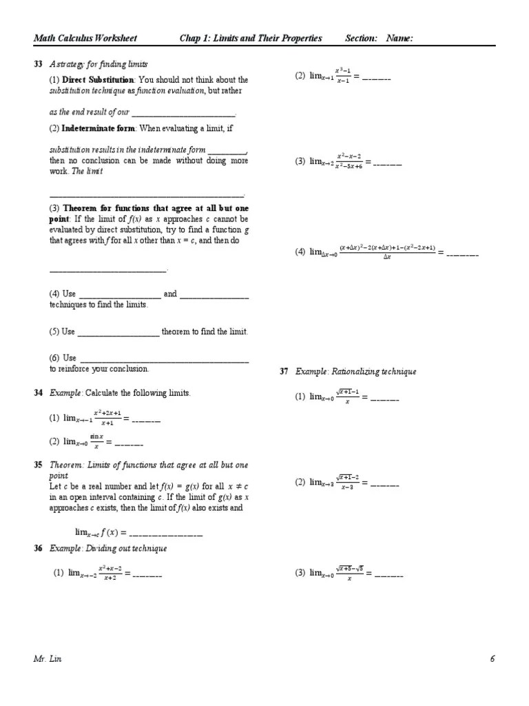 Math Calculus Worksheet Chap 1 Limits and Their Properties Section PDF Functions And