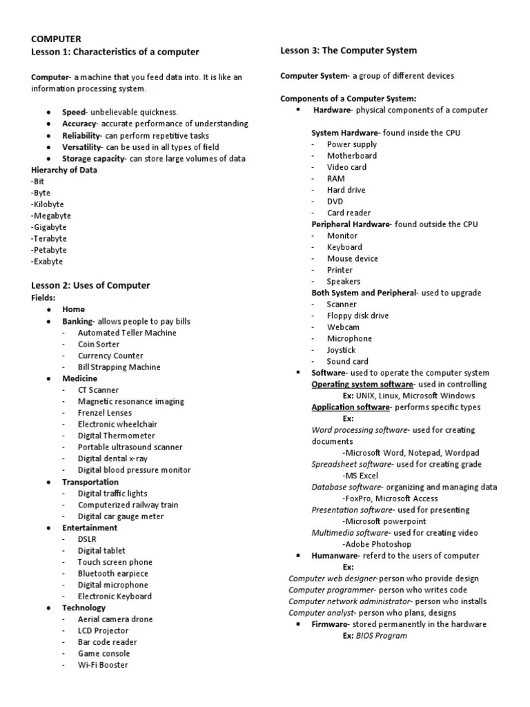 Computer Lesson 1 Characteristics of A Computer Lesson 3 The Computer