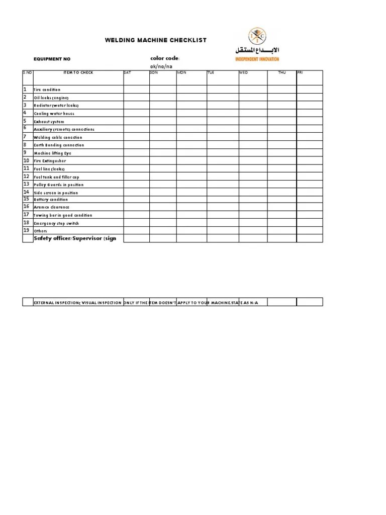 Welding Machine Checklist PDF