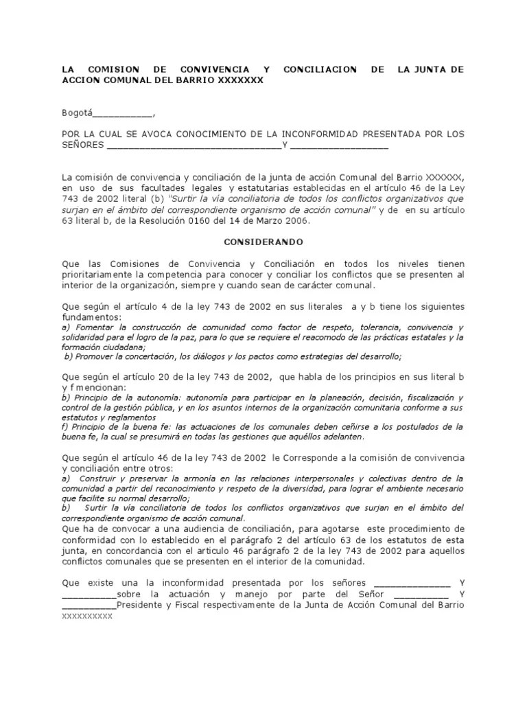 Auto Avoca Conocimiento Comision de Conciliacion Junta de Accion