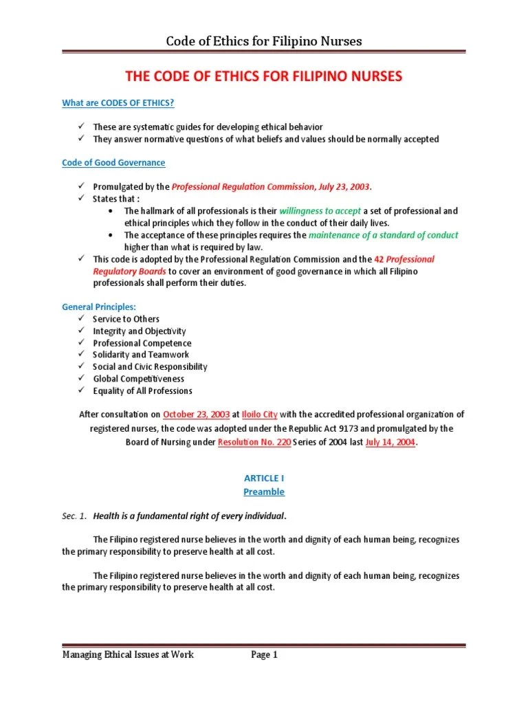 THE CODE OF ETHICS FOR FILIPINO NURSES