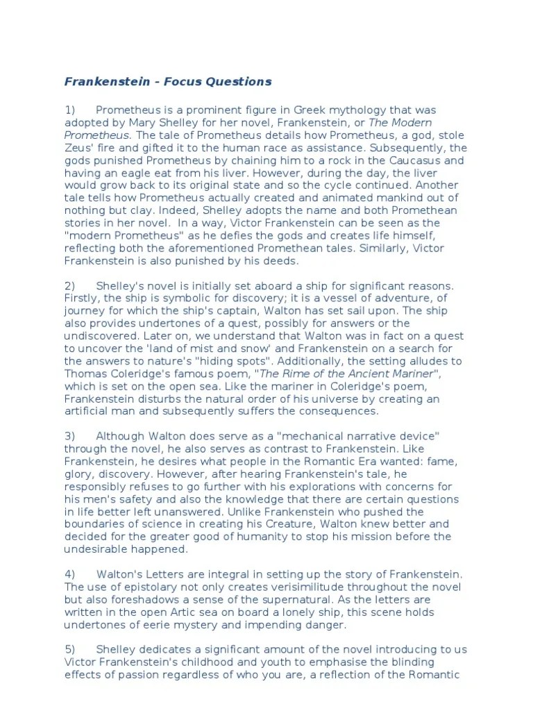 Frankenstein Focus Questions PDF Frankenstein Prometheus