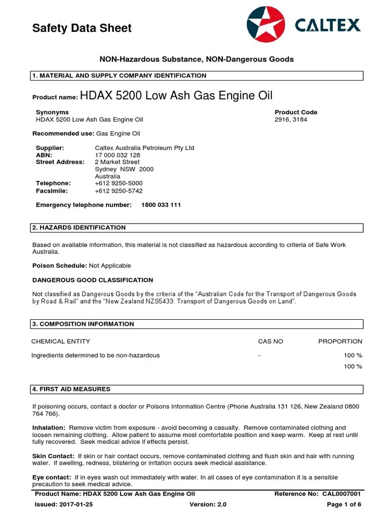 HDAX 5200 Low Ash Gas Engine Oil-SDS | PDF | Dangerous Goods | Toxicity