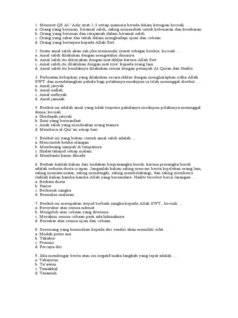 Soal Sifat Terpuji Husnudzon Kelas 8 | PDF