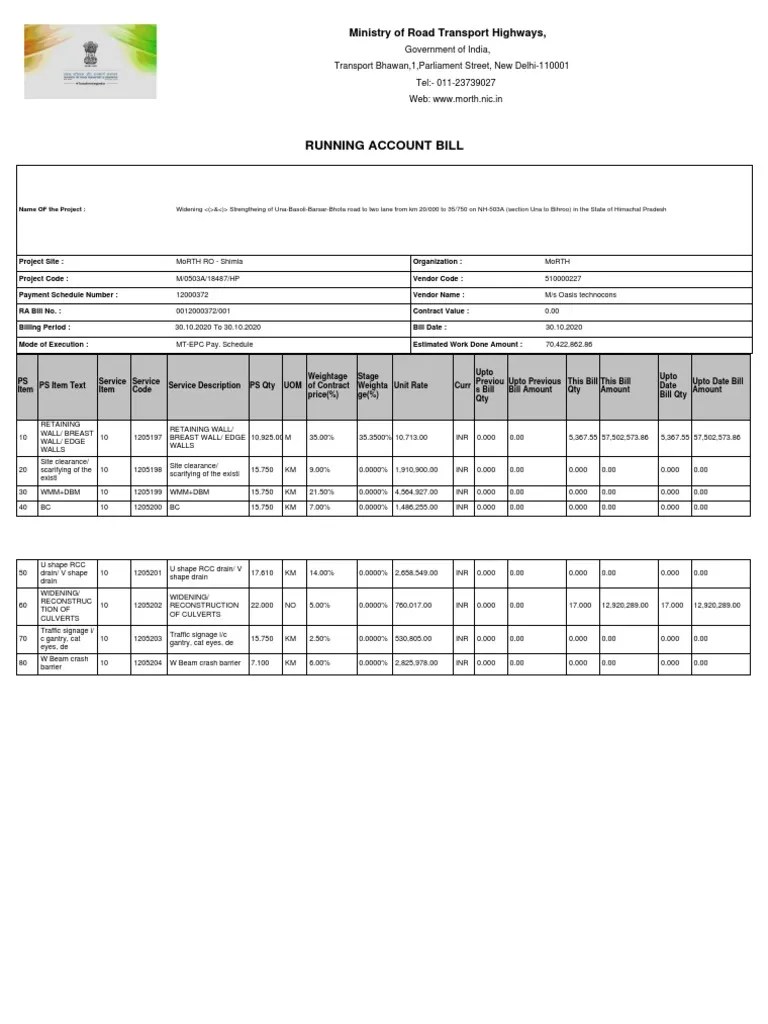 Running Bill Format Sample PDF Road Transportation Engineering