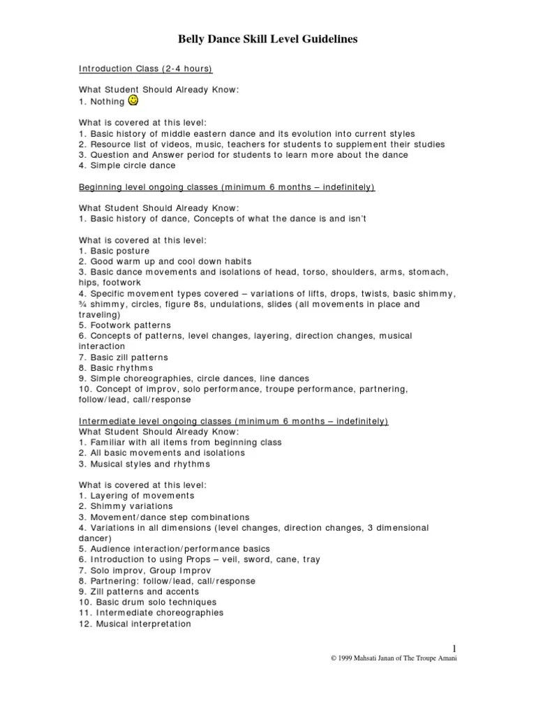 Belly Dance Skill Guidelines for Mahsati Janan�s Classes Dances