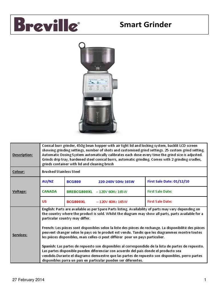 Breville BCG800XL PDF Manufactured Goods