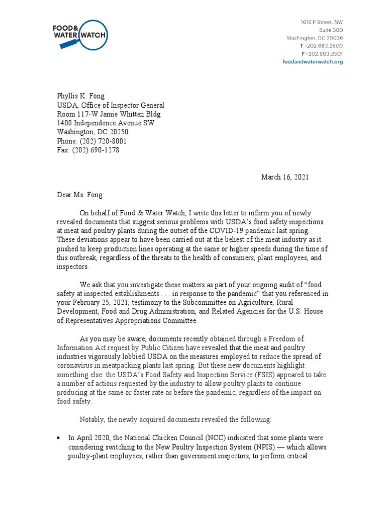 Food Safety Letter To USDA Inspector General Phyllis Fong PDF Food