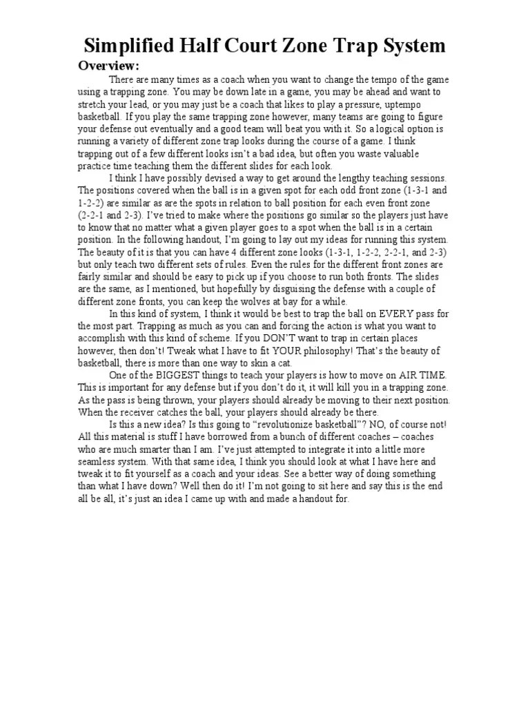 Simplified Half Court Zone Trap System Overview PDF Basketball
