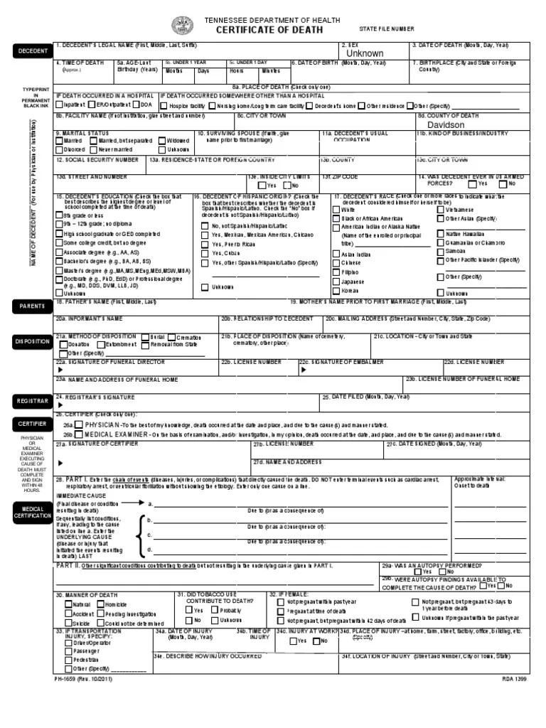 Tennessee Death Certificate PDF Academic Degree Race And