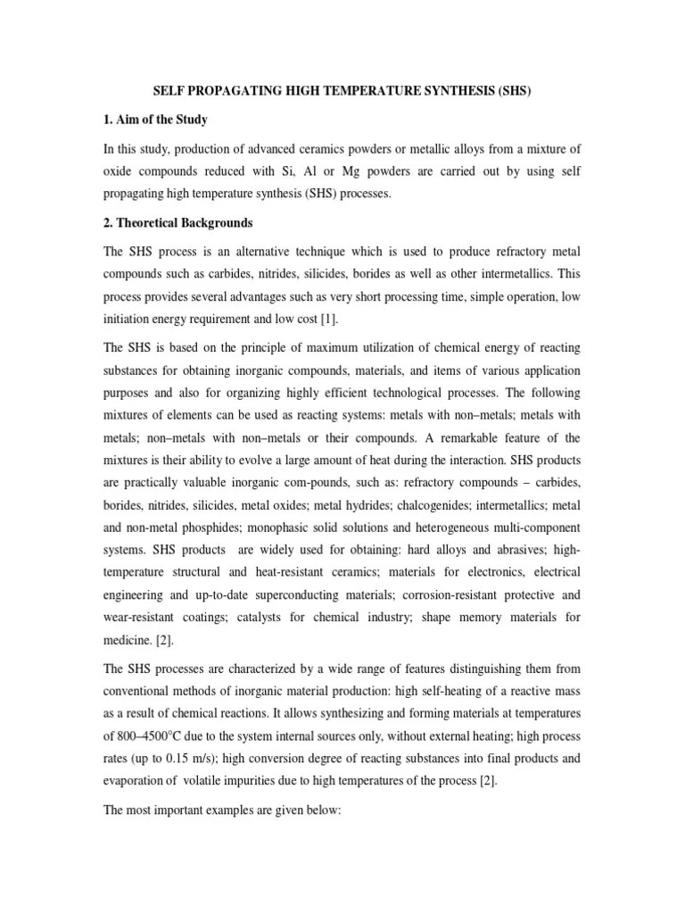 Exp 7 Self Propagating High Temperature Synthesis, SHS PDF