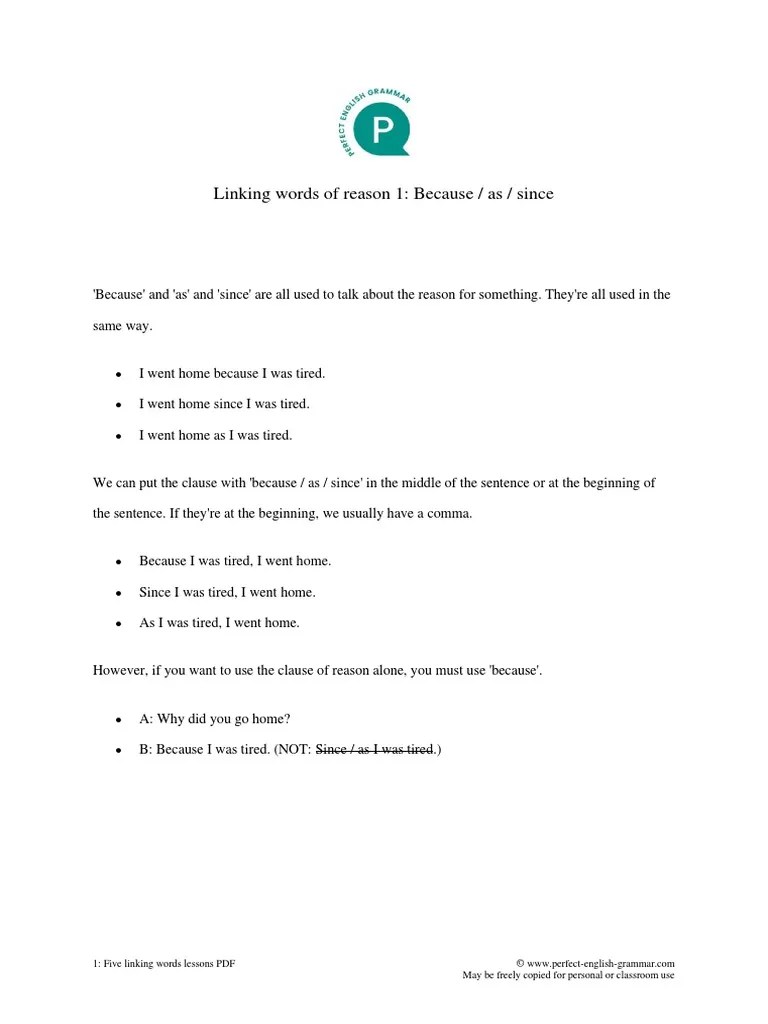 Linking Words of Reason, Result and Contrast PDF Sentence