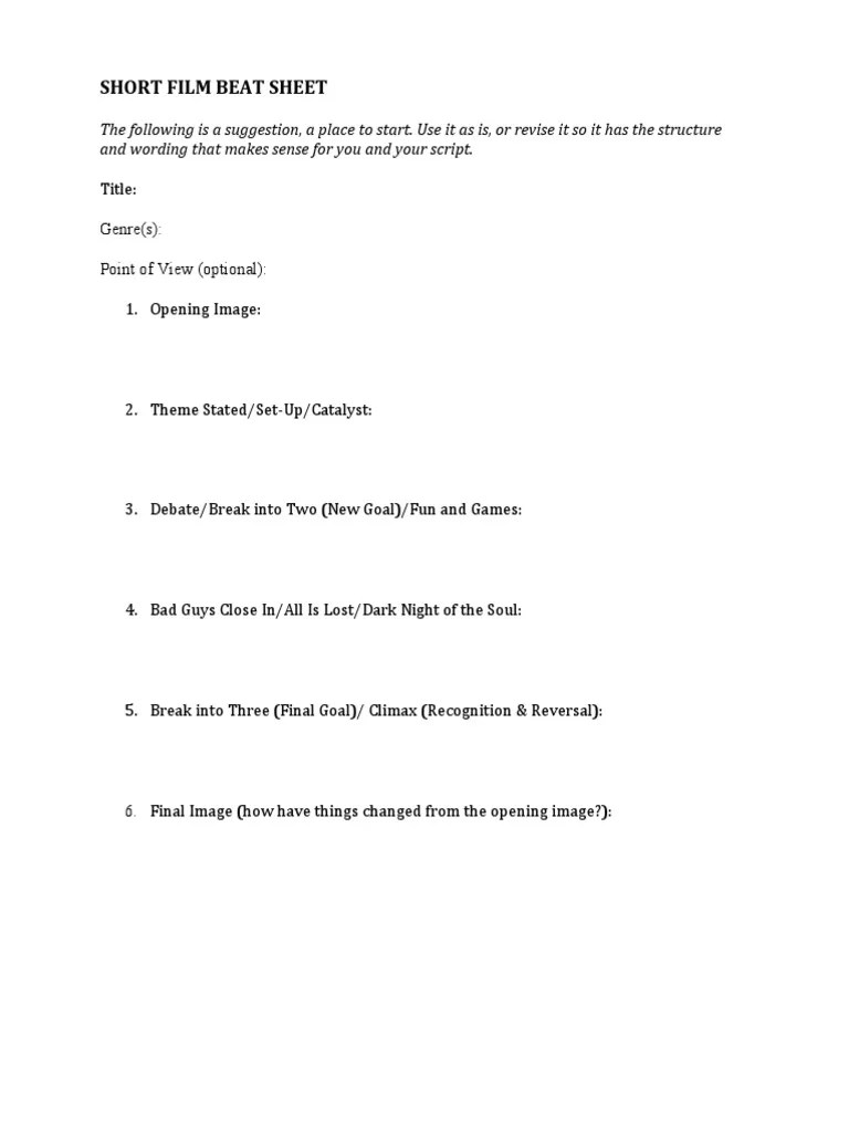 Short Film BEAT SHEET Worksheet PDF