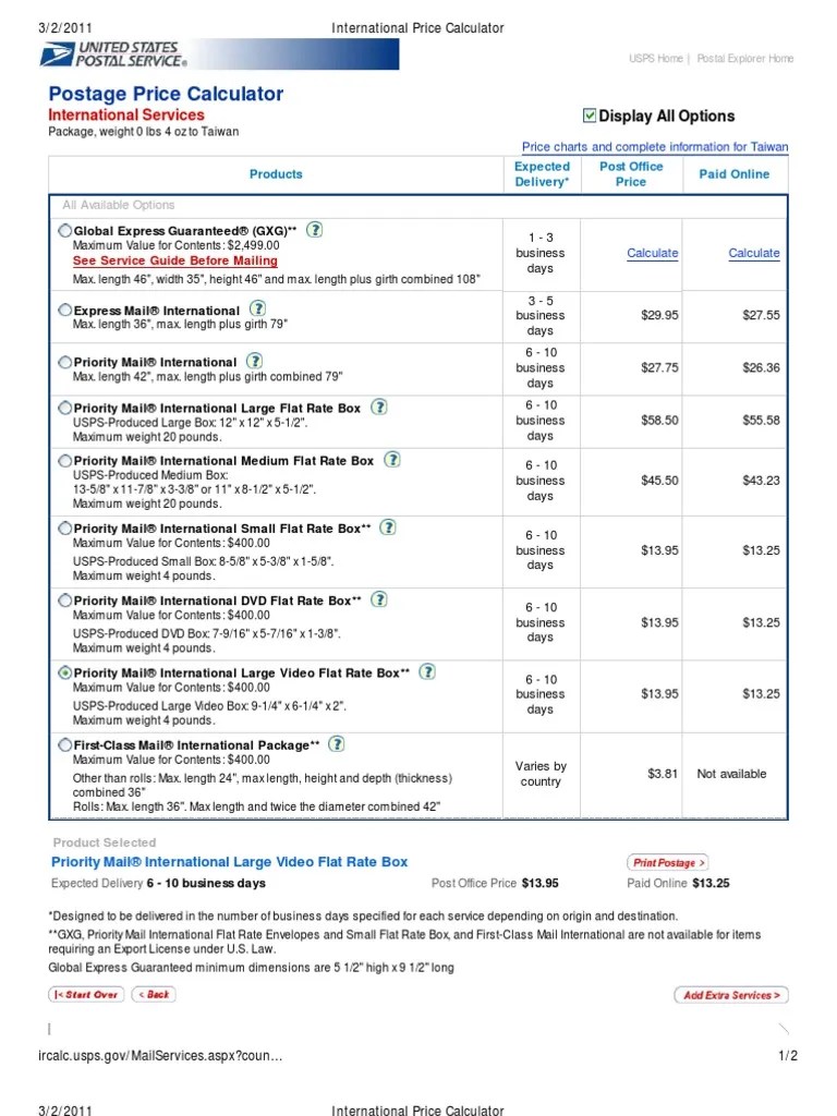 International Price Calculator United States Postal Service Mail