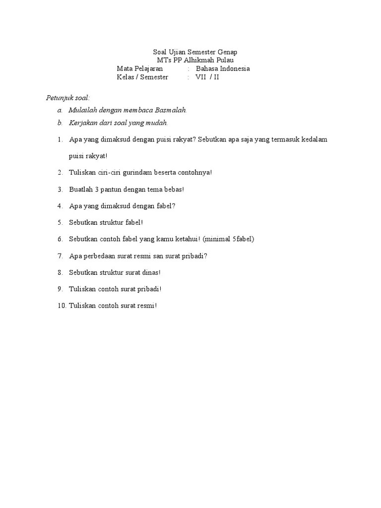 Soal Bindo Kelas 7 Semester 2 | PDF