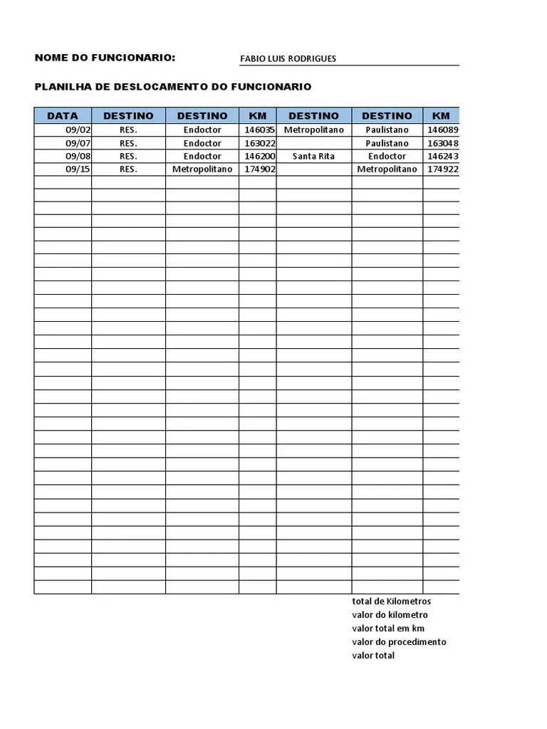 Planilha de Deslocamento Endoctor PDF