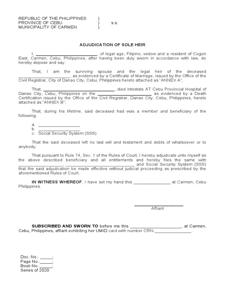 Sample Adjudication of Sole Heir PDF