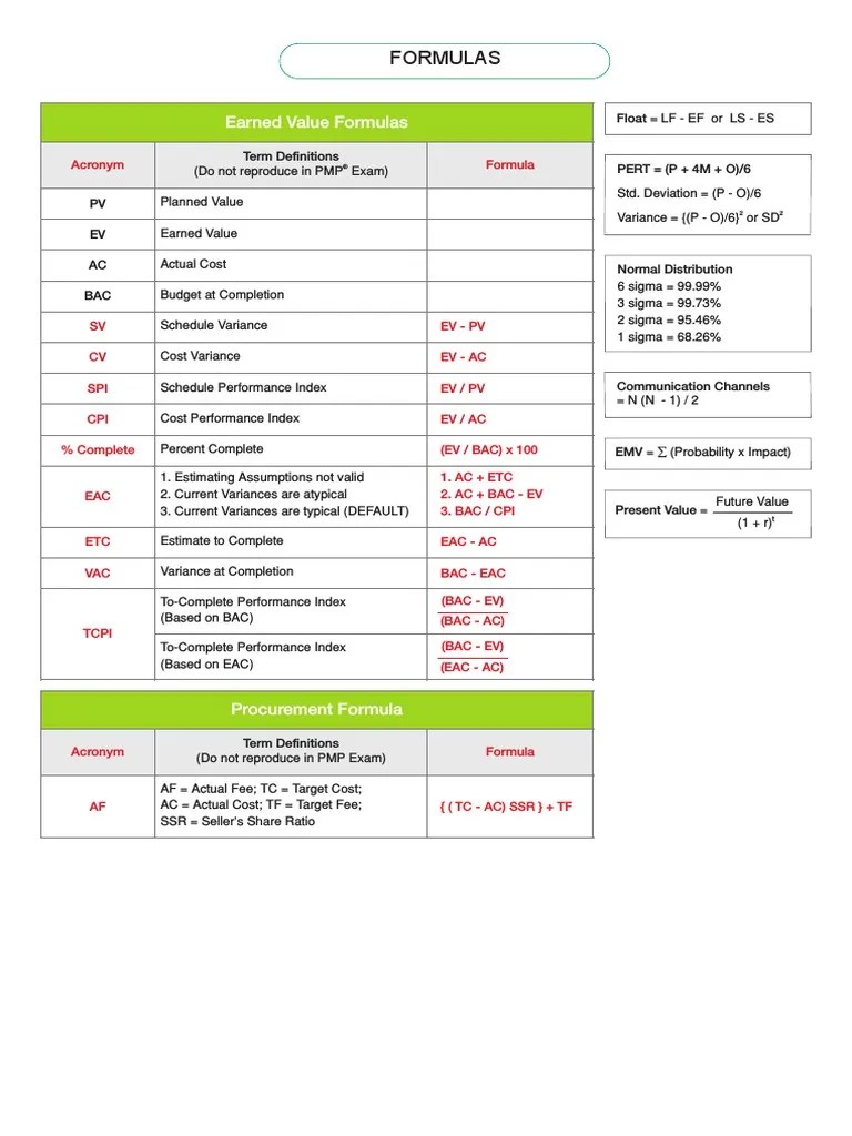 Formulas PMP V01 PDF Standard Deviation Variance