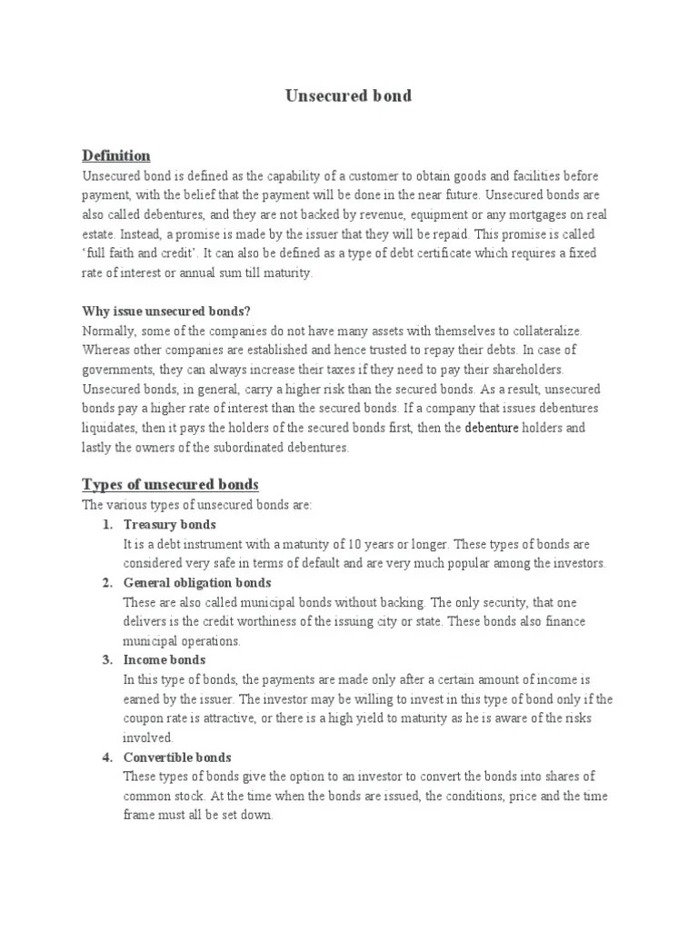 Unsecured Bond Why Issue Unsecured Bonds? PDF Debenture Bonds