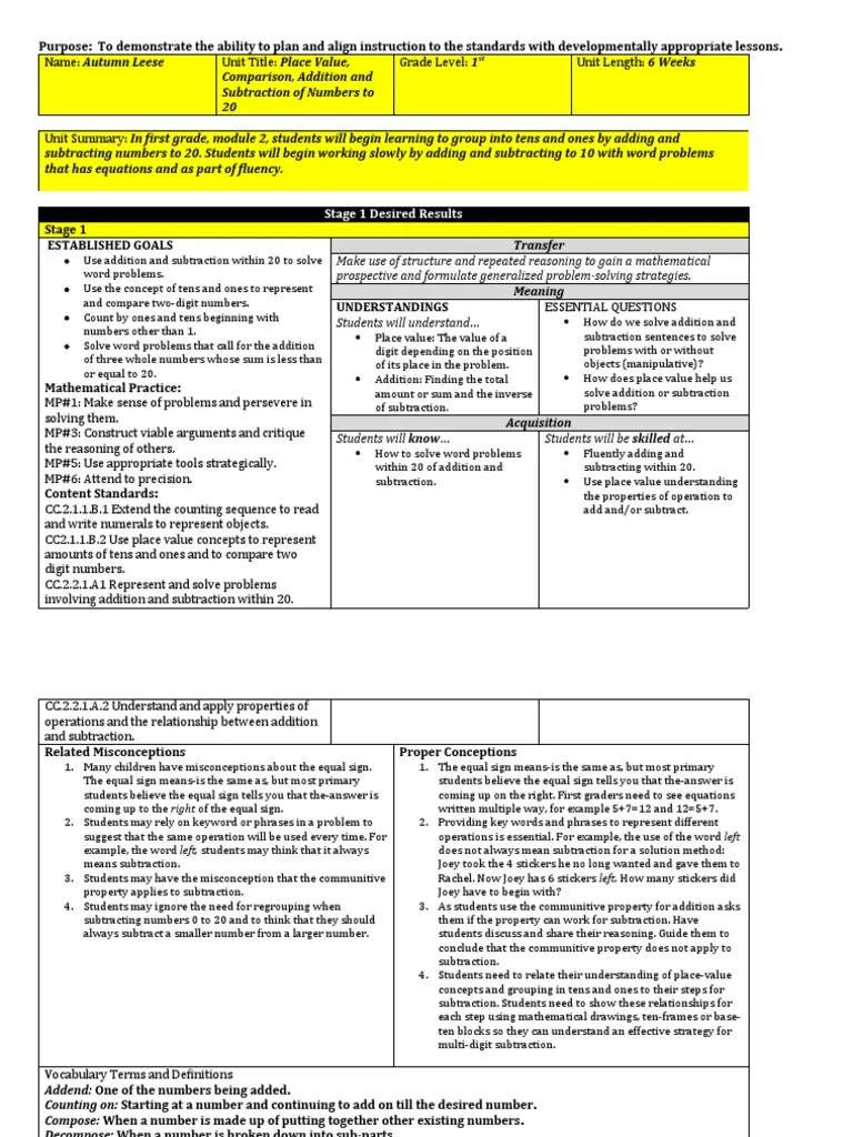 Math Unit Plan | PDF | Subtraction | Worksheet