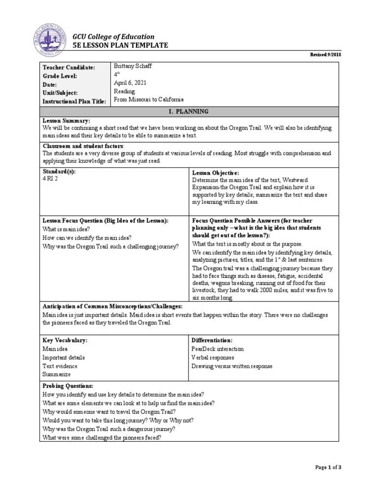 5E Lesson Plan Template GCU College of Education PDF Question Critical Thinking