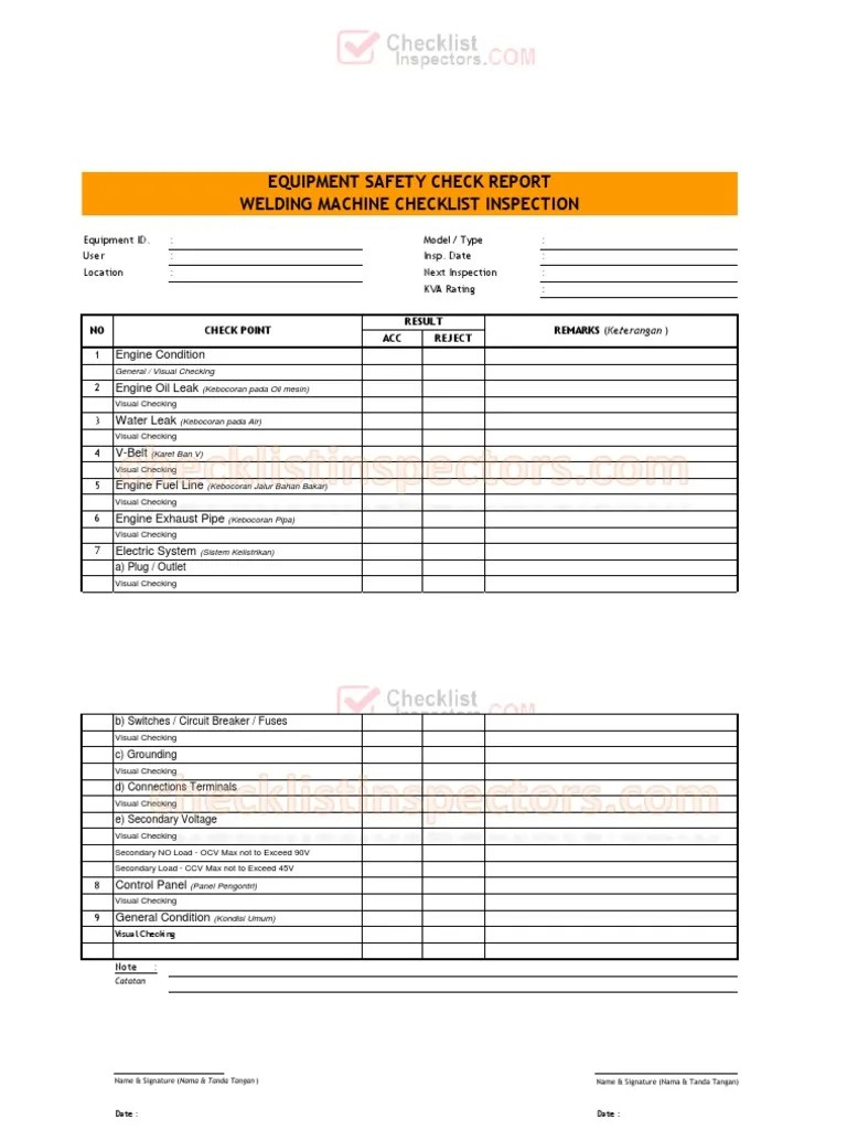 Welding Machine Inspection Checklist Free Template PDF