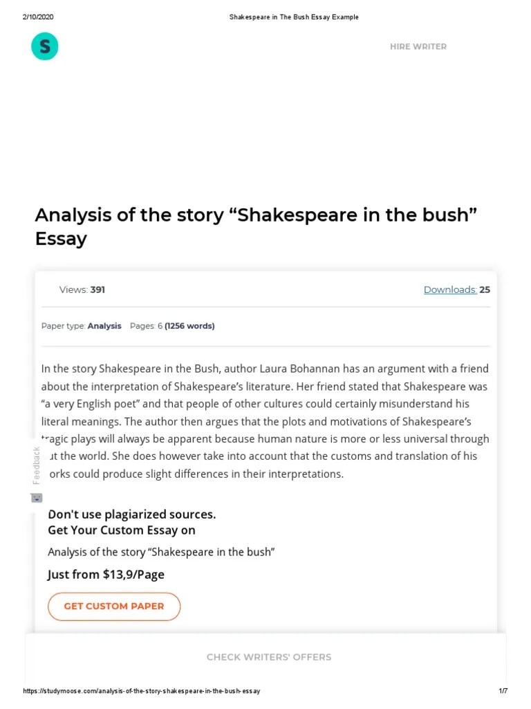 Shakespeare in The Bush Essay Example PDF Hamlet William Shakespeare