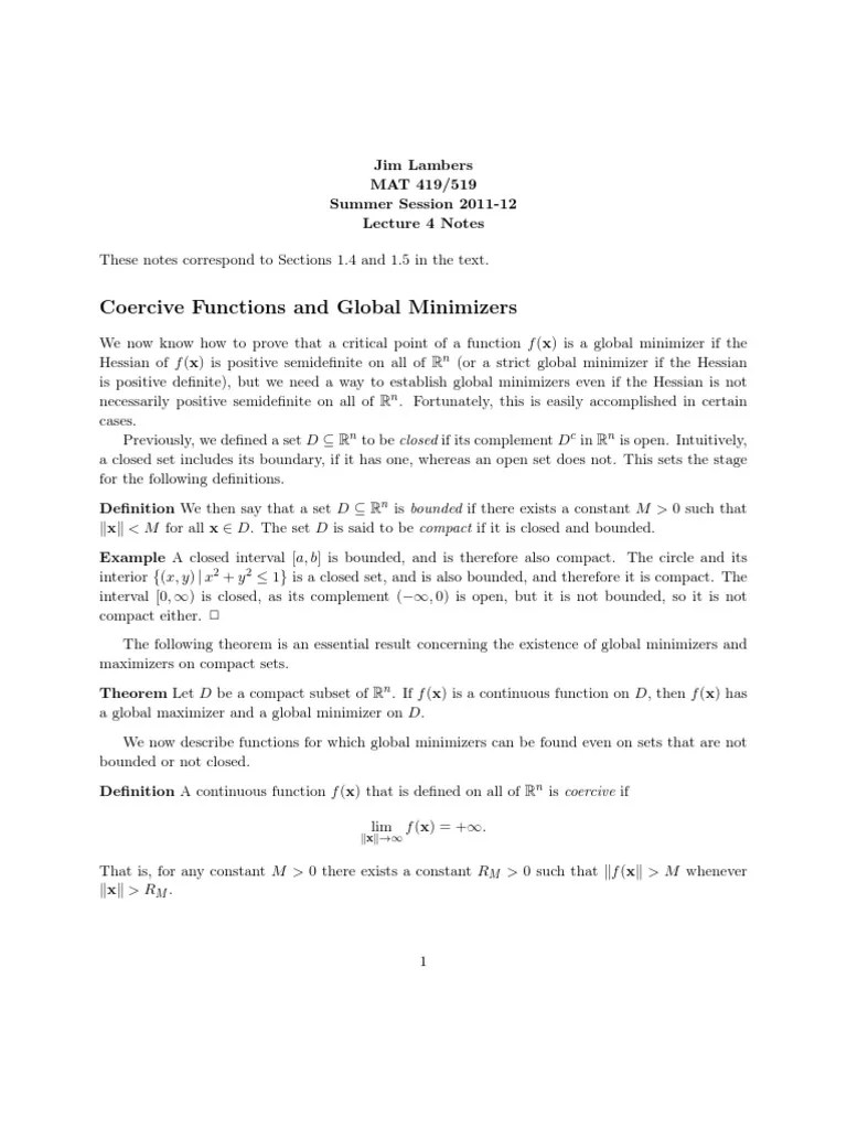 Chap2 Lec1 Coercive Functions and Global Minimizers PDF Eigenvalues