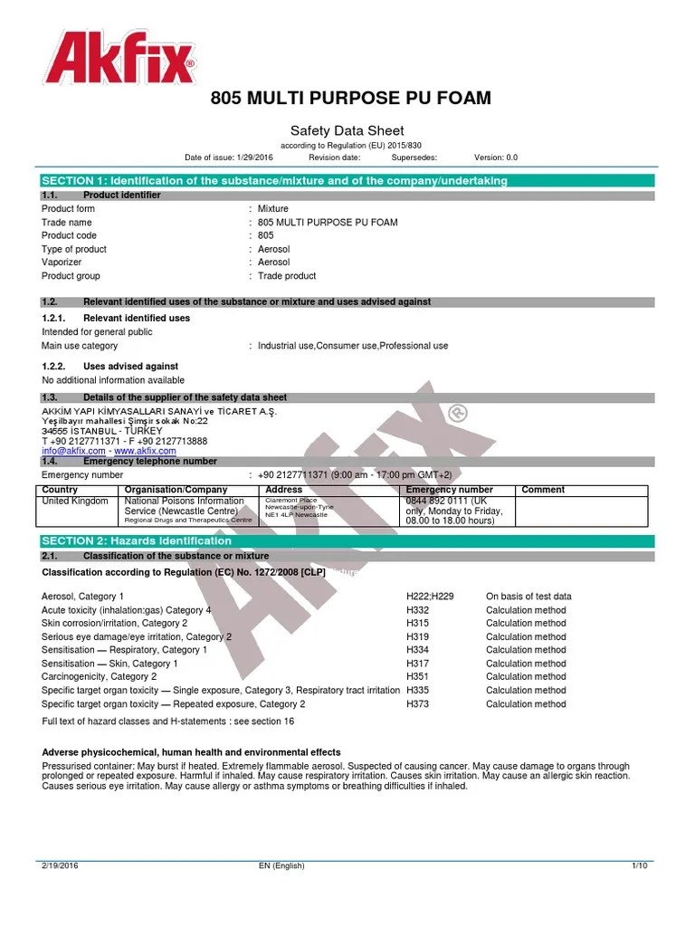 805 Multi Purpose Pu Foam Safety Data Sheet PDF Dangerous Goods