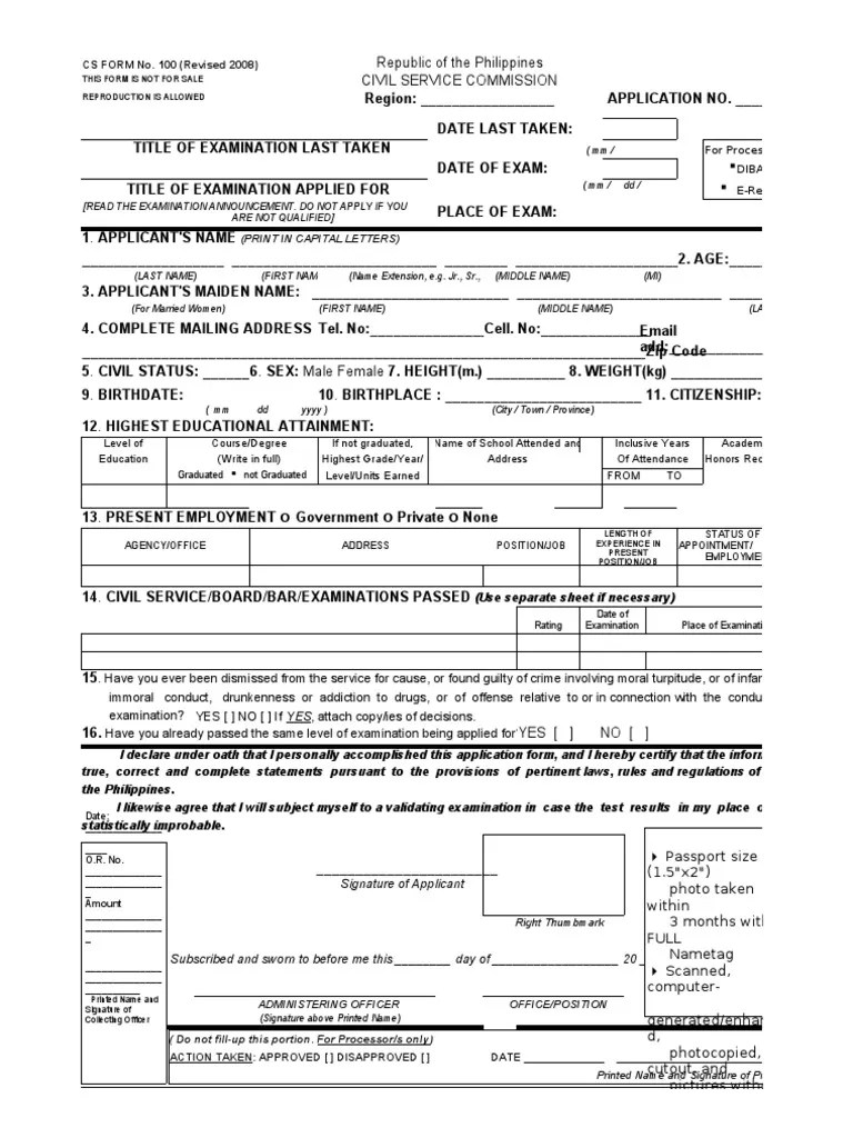 (Print in Capital Letters) CS FORM No. 100 (Revised 2008) PDF