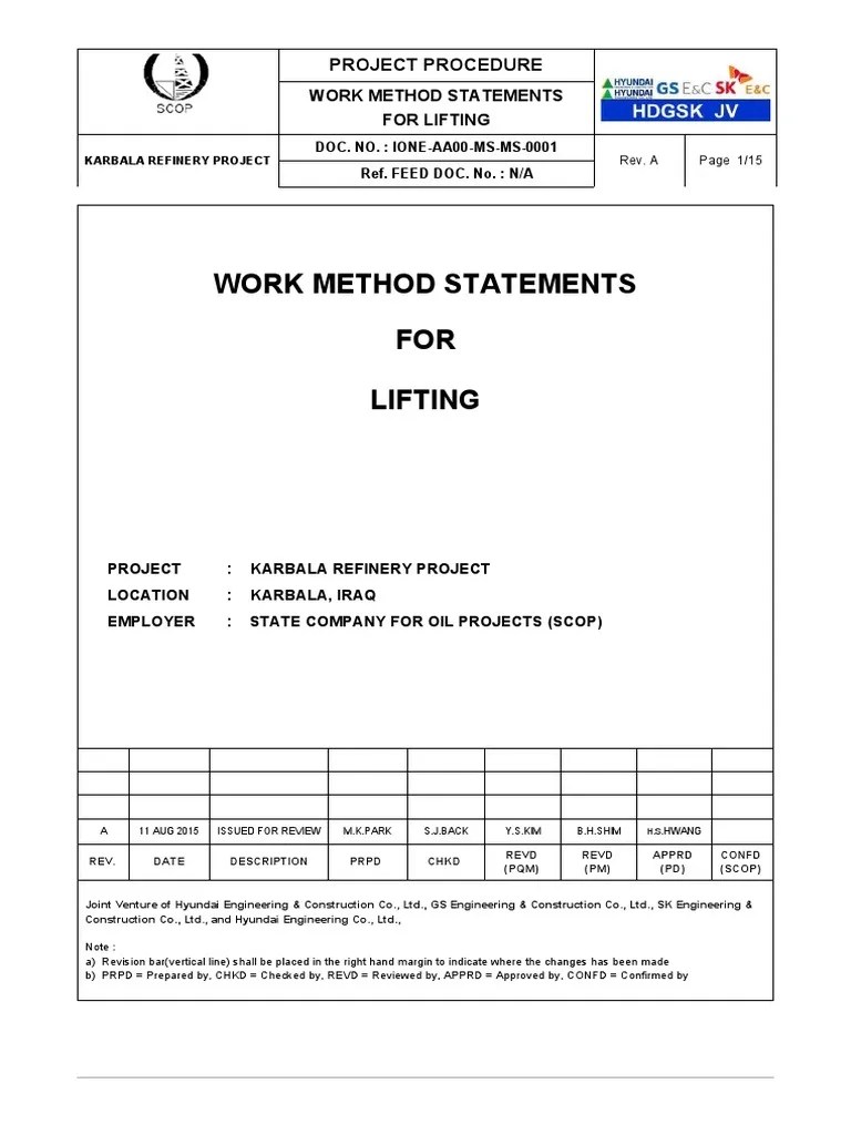 Work Method Statements For Lifting Rev.00 20150811 PDF Crane