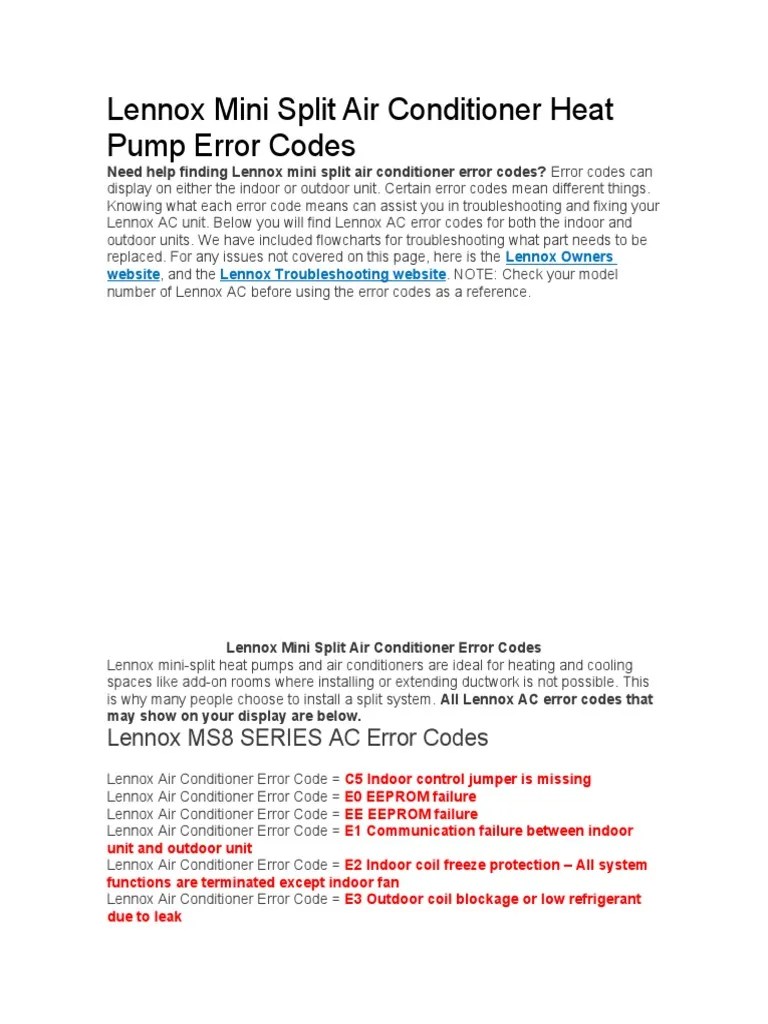 Lennox Mini Split Air Conditioner Heat Pump Error Codes PDF Heat