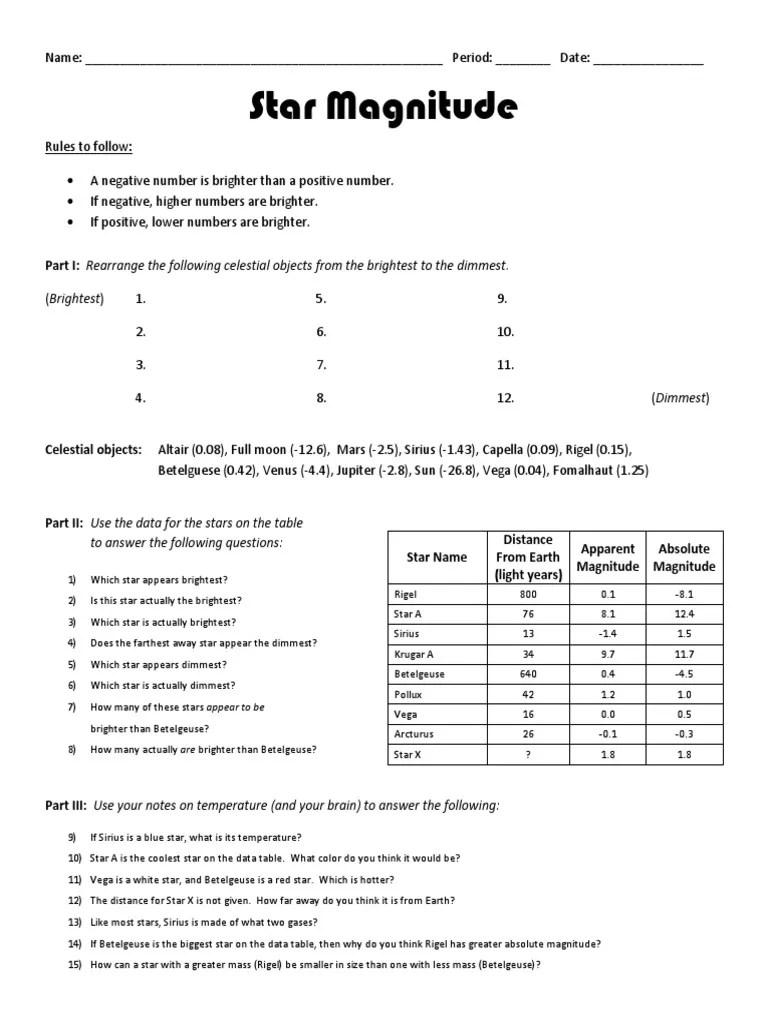 10 Star Magnitude Worksheet PDF Apparent Magnitude Stars